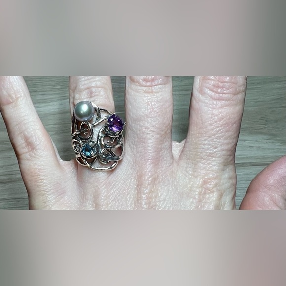 Designer Or Paz Sterling Silver Amethyst, Pearl, & Blue Topaz Ring, Size 5 - Picture 7 of 9